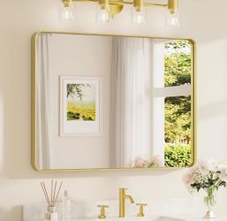 40 x 32 Inch Gold Bathroom Mirror, Brushed Brass Metal Frame Mirror for Vanity, Rectangle Wall Mounted Golden Modern Mirror (Horizontal/Vertical)