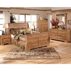 Antique Pine 5 Piece Sleigh Bedroom Set -QUEEN ONLY (NO CREDIT CHECK FINANCING AVAILABLE)