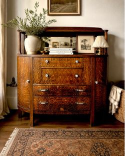 Antique Tiger Oak Bow-Front Dresser with Original Mirror