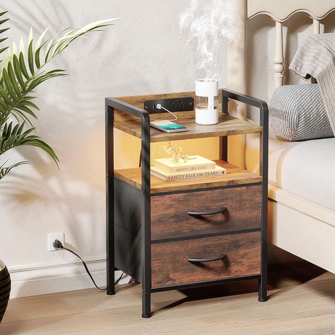 Night Stand Bedside Table Bedroom - Nightstand with Charging Station, Night Stand with LED Light Strip, End Table with U-S-B Ports & AC Outlets, Stora