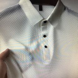 Men XL White Button Tee Top Pullover Hollow Short Sleeve Shirt Summer Ice Silk