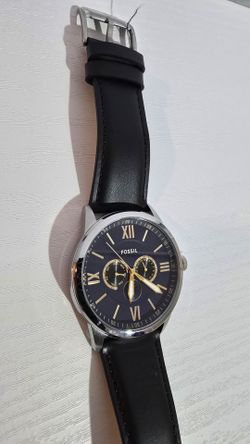 FOSSIL Flynn Mens Multifunction Watch Blue Dial Day Date Moon Sun, Black Leather