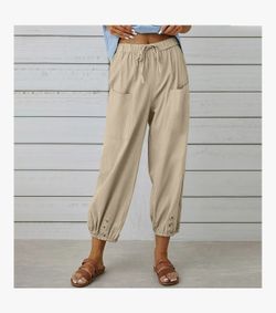 Women’s Capri Pants – High Waist Drawstring Cinch Bottom Cotton Loose Casual Trousers with Pockets – Size M – New