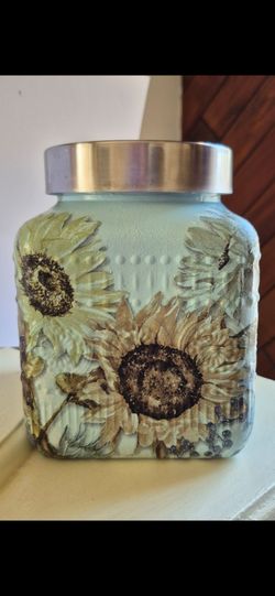 Hand designed painted and decoupaged  storage canister