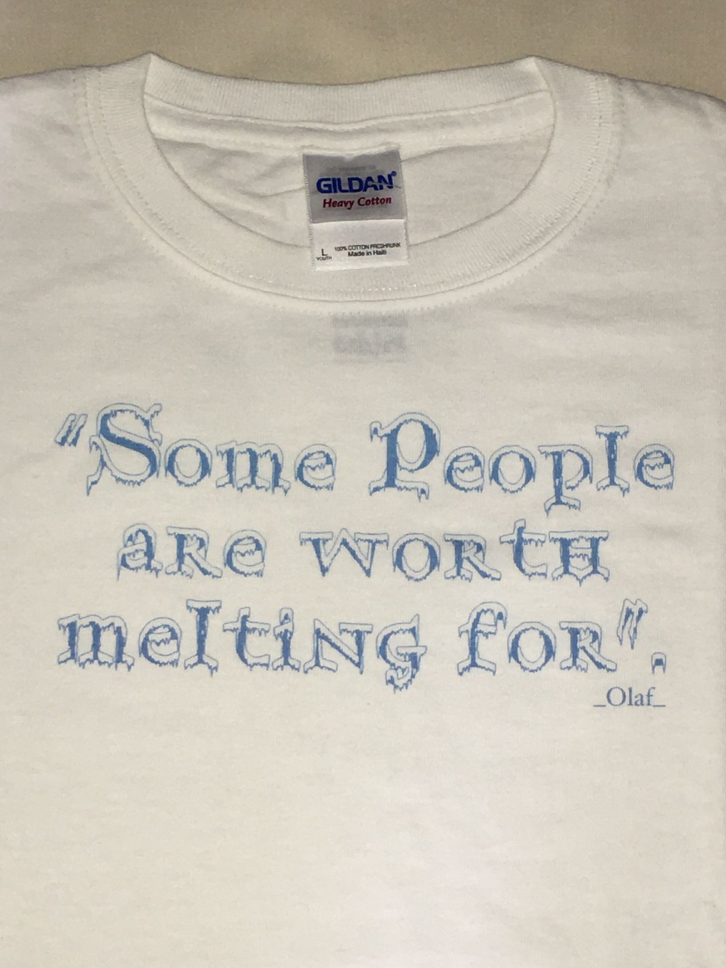 NEW KID YOUTH WHITE TSHIRT L 10 12 — Printed in USA — OLAF FROZEN Quote