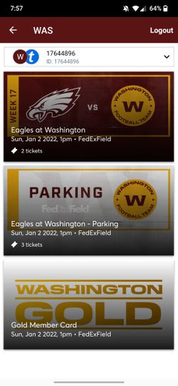 2 Tickets WFT vs Eagles With Parking Pass