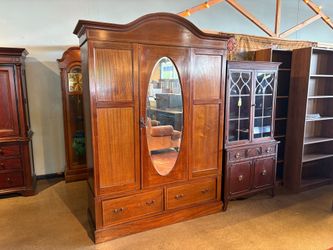 Antique English Edwardian Style Wardrobe with Oval Mirror
