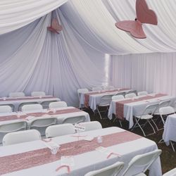 Tent…draping…..tables….chairs……tablecloth……