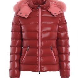 Moncler Badyfur Red Glossy Puffer Jacket with pink fur Detachable  Size 0, XS