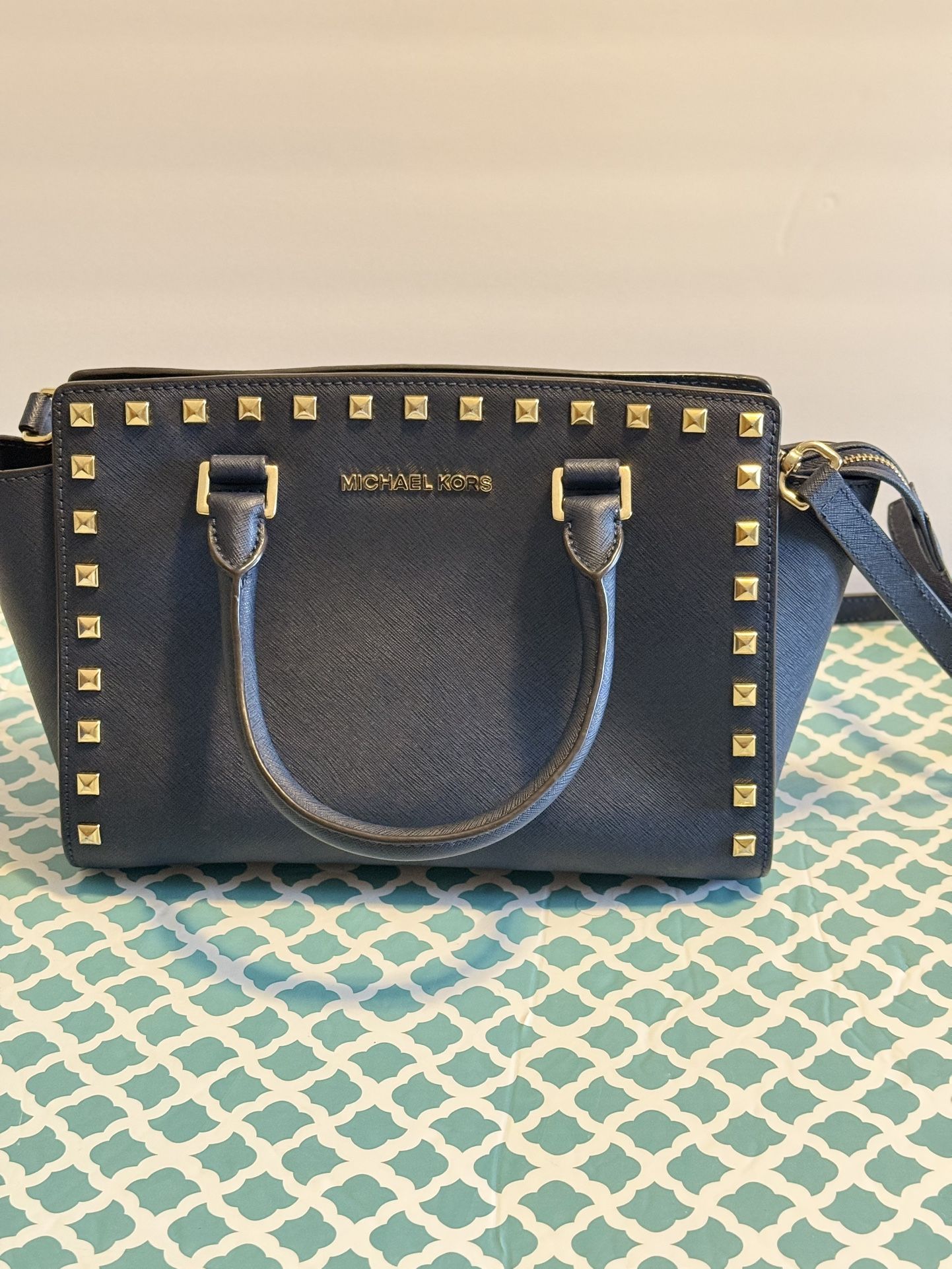 Michael Kors Selma Gold Studded Saffiano Blue Leather Satchel