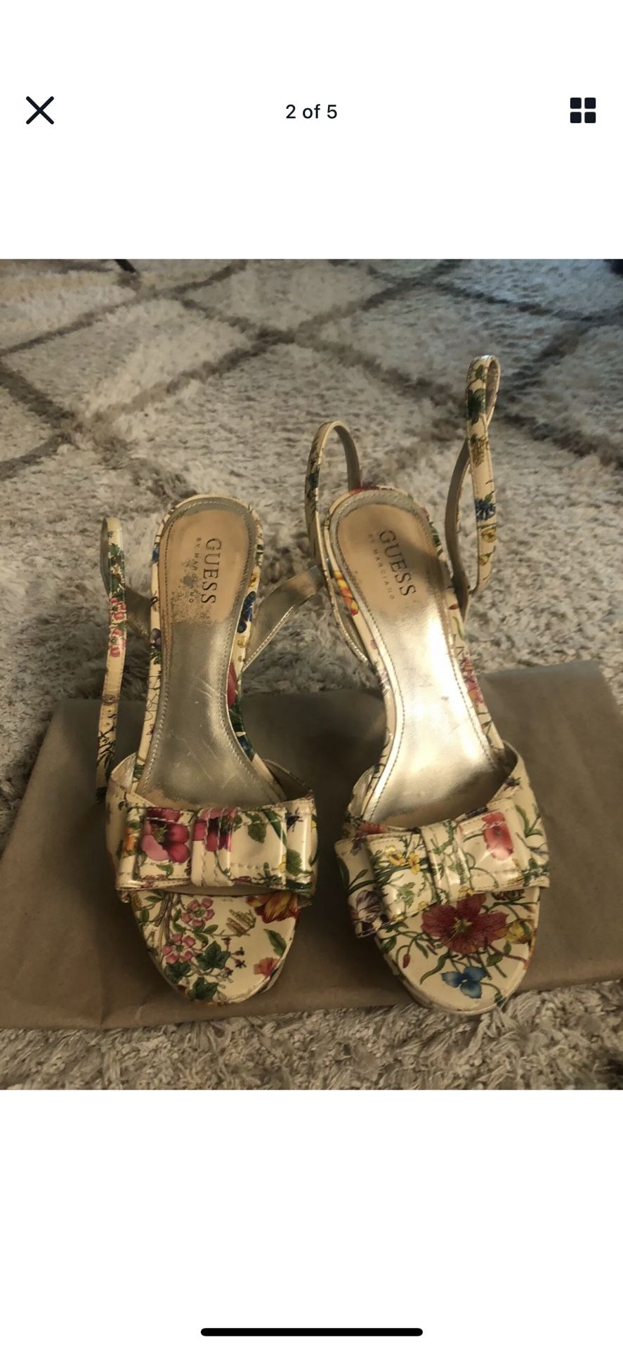 Guess Marciano Empower Patent Floral Ankle Wrap Strap Platform Gold Heels 7