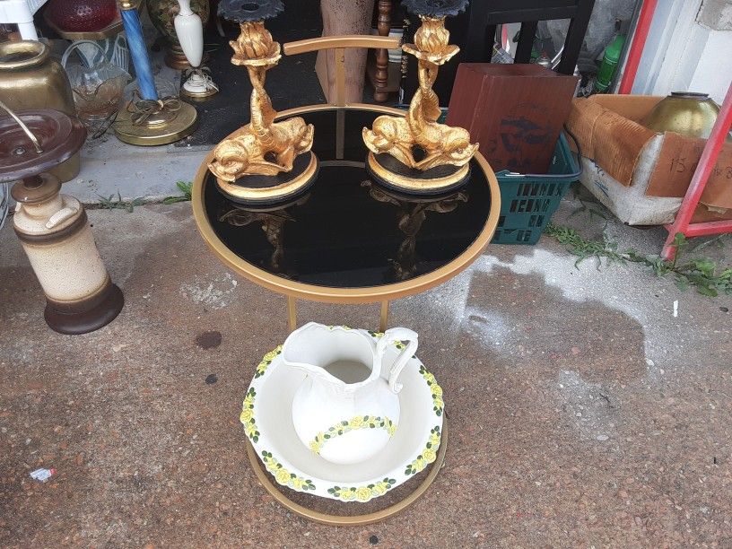 Nice  Metal  With a Glass Top And  Beautiful  Pitcher and Bowl  And  CANDLE holders 40 DOLLARS FOR ALL 