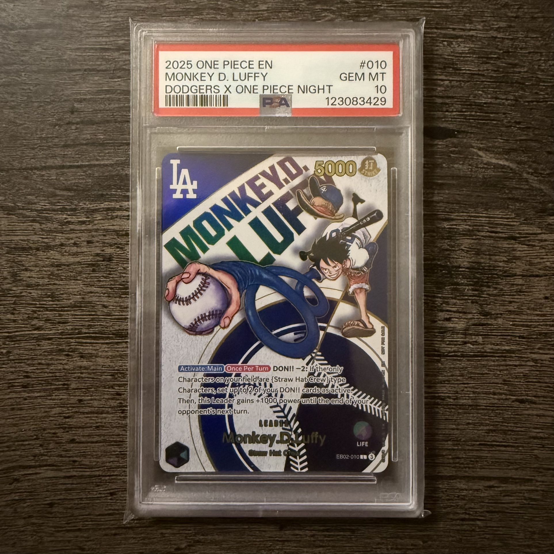 2025 One Piece TCG. Monkey D. Luffy. Dodgers SGA Promo Card #010. PSA 10. 