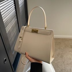 Cream Structured Leather Handbag with Gold Hardware
