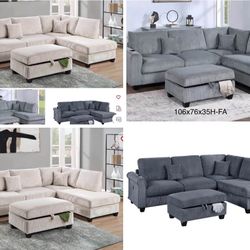 Sectional SofaChaise With Ottoman Storage USB Available I Ivory, Gray,Dark  Corduroy,Gray,Black 106"X76" 