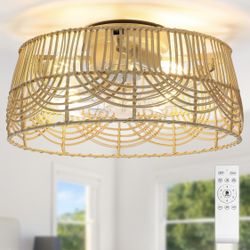 New 20" Boho Ceiling Fan/ Fandelier with Light,Rattan Caged W Lights & Remote Control Kit, Bladeless