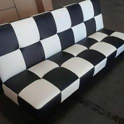 Brand New Black & White Checkered Leather Tufted Futon
