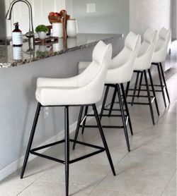 26” High Back Leather Swivel Bar Stools Set of 4, Counter Height Bar Stools with Metal Legs, Upholstered Faux Leather Barstools for