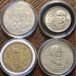 $50 Pesos (4) Vintage Mexican Coins Un Peso, Cièn, $500