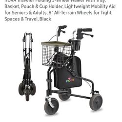 Folding 3-Wheel Walker with pouch. 8” All-Terrain Wheels for Tight Spaces & Travel, Black