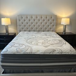 Perfect Condition Upholstered Queen Bed with Beautyrest Luxury Mattress and Box Spring