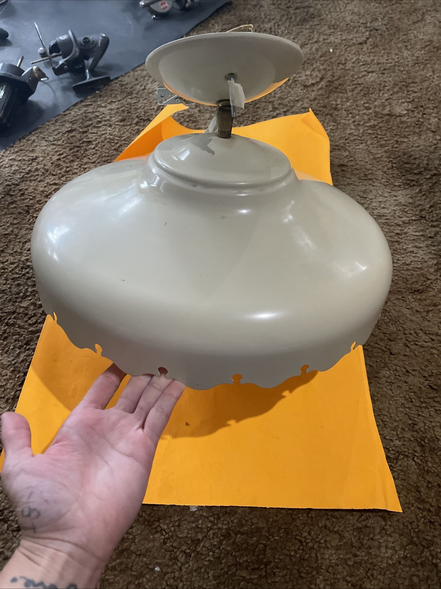 Vintage Mid-Century 15” Round Flying Saucer  Shape Ceiling Light Gold Tone