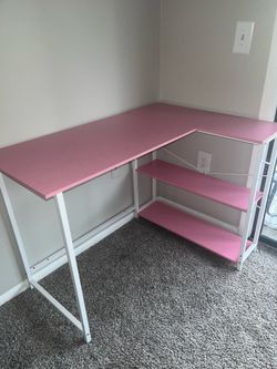 Pink L-Shaped Desk with Side Shelves