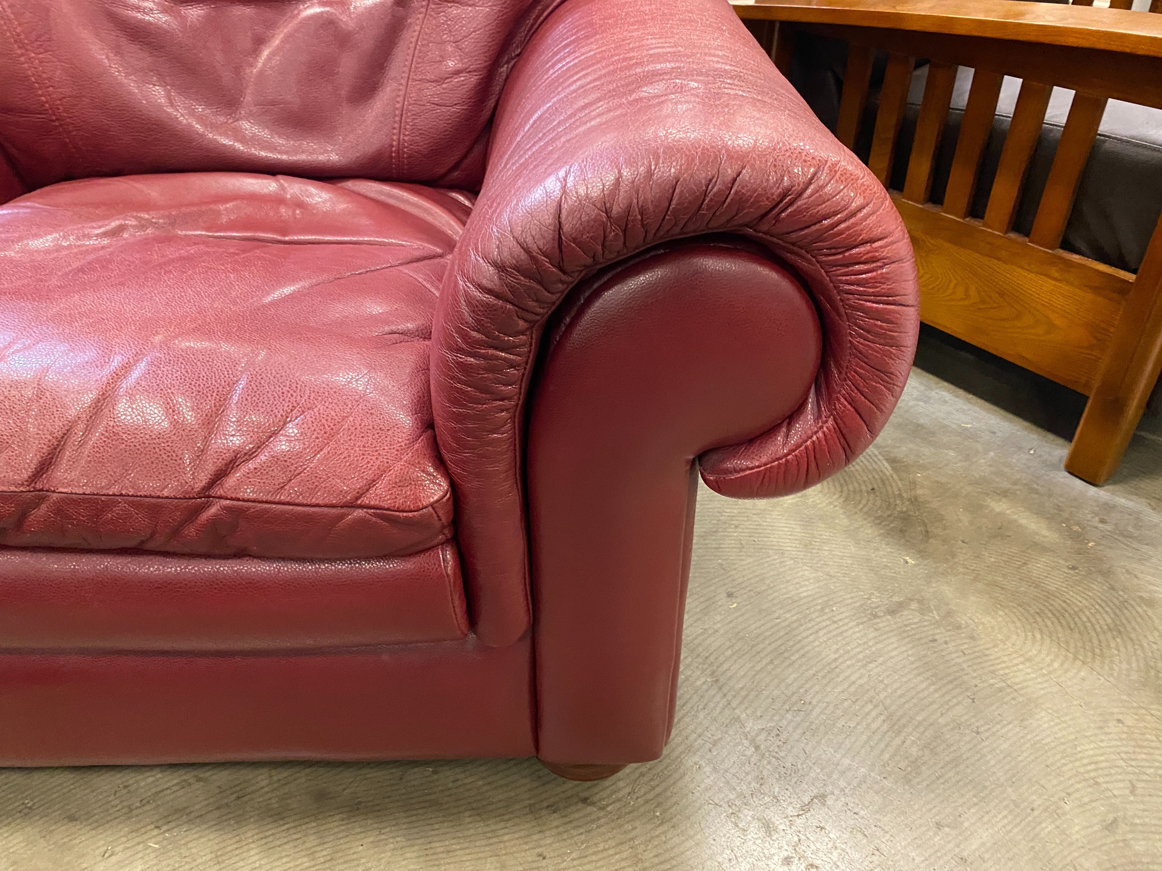 Bright Burgundy Leather Roll Arm Sofa Chair
