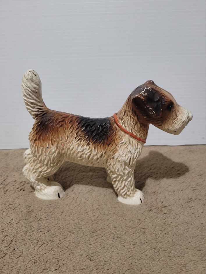 Vtg Fox Terrier Dog Painted Cast Iron Doorstop Paperweight  7" x 5" Brown White.