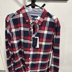 tommy hilfiger men's regular fit dress shirt red and blue