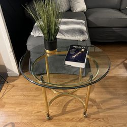 LA BARGE MID-CENTURY ANTIQUE BRASS TABLE WITH GLASS