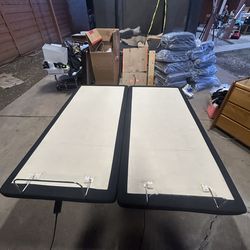 Pair Twin XL Adjustable Metal Bed Bases Upholstered Black Beige Contemporary