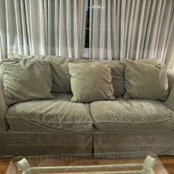 Green Velvet Slip-Covered Sofa & Oversized Arm Chair