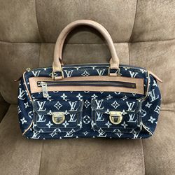LV Logo Printed, Dark Blue Denim, Bowling Style Bag