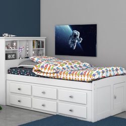 Discovery World Furniture White Twin Bookcase Bed with 6 Drawers