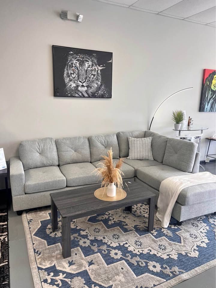 L Shape Fabric Grey Section Couch, Ottoman