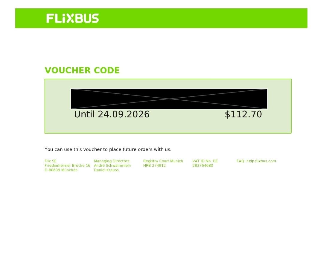 Flix Bus Voucher worth $112.70