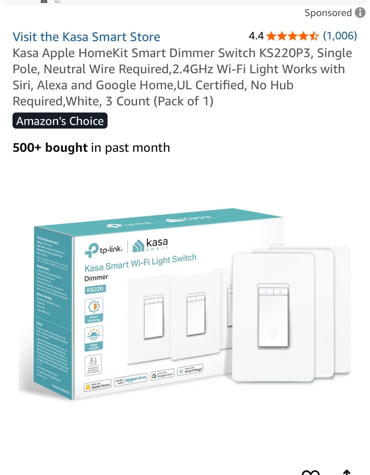 Kasa Apple HomeKit Smart Dimmer Switch KS220P3, Single Pole,