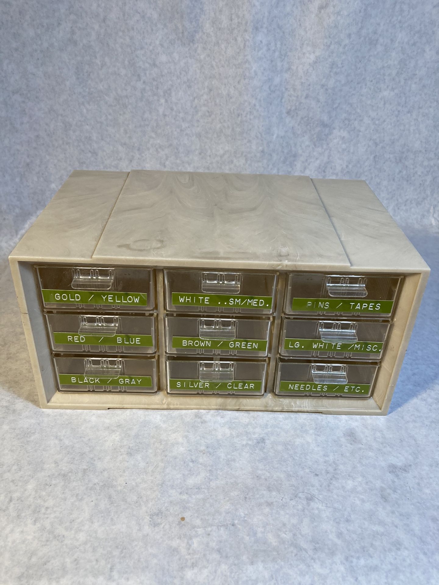 Vintage Akro Mils plastic nine drawer storage organizer cabinet.