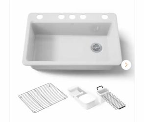 Kohler Riverby Workstation Undermount Cast Iron 33 in. 5-Hole Single Bowl Kitchen Sink Kit in White with Accessories