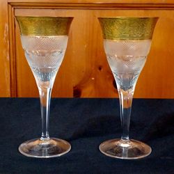 2 Moser Splendid Cut Glass 24K Gold Trim Wine Lovers Glasses Handblown 7.5"