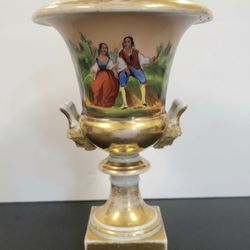 Victorian Antique French Hand Painted Porcelain Urn Vase Pastoral Scene 11"
