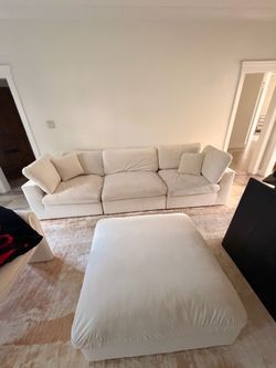 Cream Velvet Couch with Ottoman — Deep-Seat 3-Seater, Cloud Style