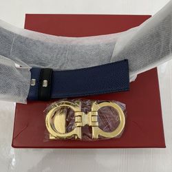 NEW Salvatore Ferragamo Black Blue Revers Leather Belt Gold Buckle 35mm/125cm