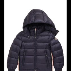 MONCLER Down Jacket 2 Years 92 CM Boys Kids Hoodie Puffer Blue Red White Stripe. Slight tear (100% repairable) will have professionally cleaned and re