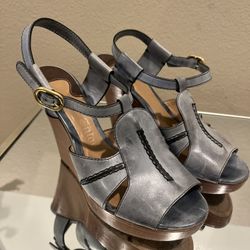 Chloé Blue Saturnia Calf Leather T-Strap Peep Toe Platform Wedge Sandals 6