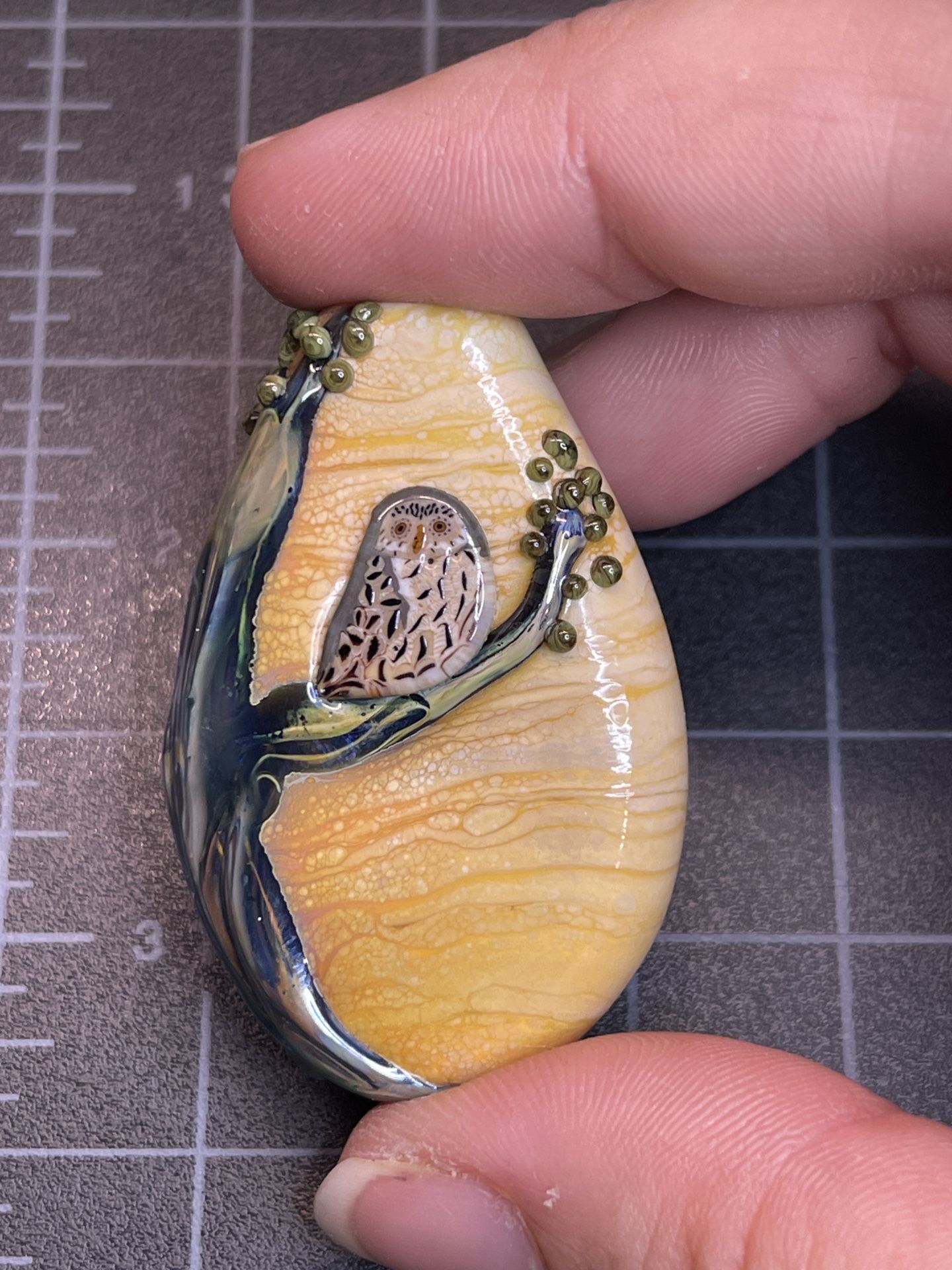 Tree Owl w/ fused Micro Mosaic Lamp-work Bead