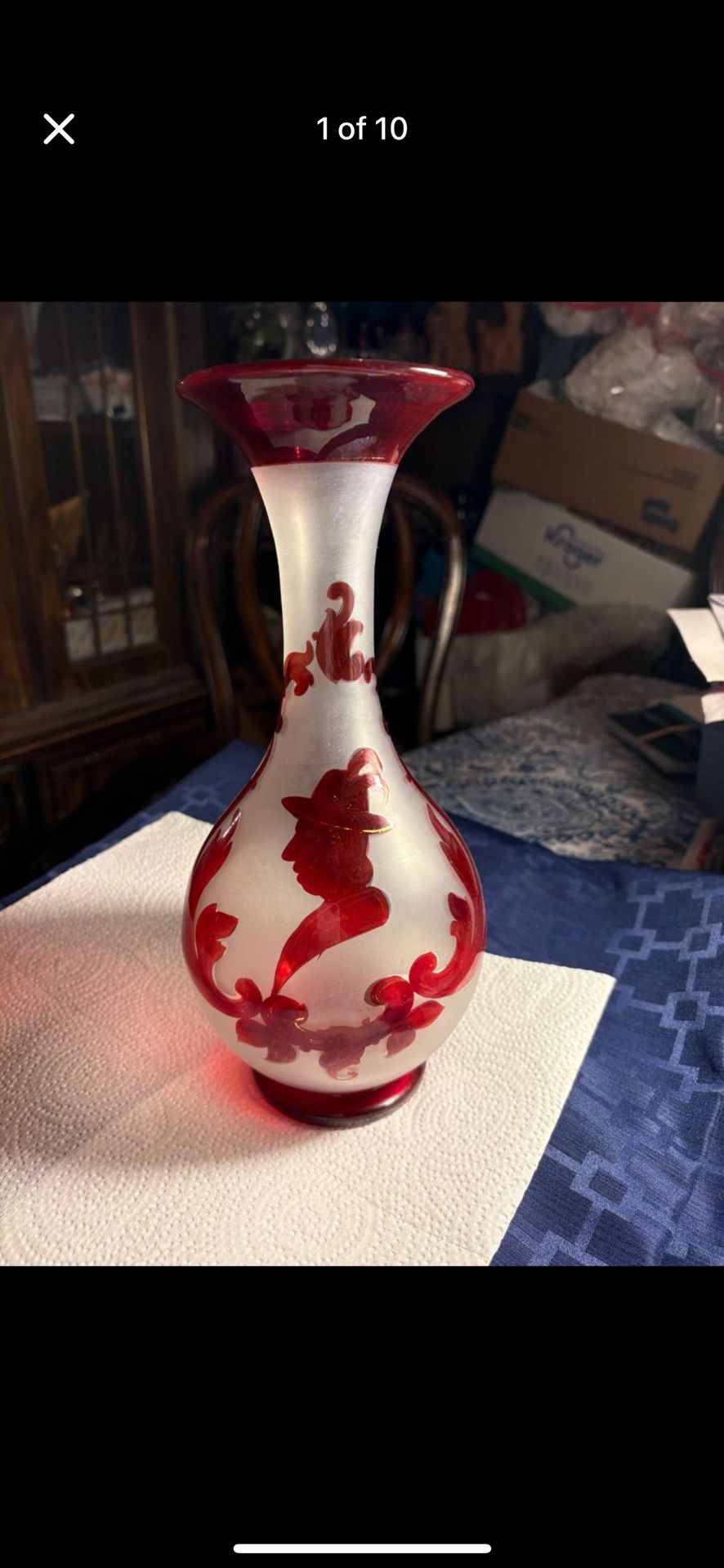 Vintage Handblown Ruby Cut To Satin Vase Featuring “ A Gentleman And Leaves”
