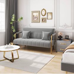 56.5" W Modern Sofa Small Sofa Luxurious Velvet Fabric Couch with Gold-Tone Metal Arms and Legs for Living Room, Home Office, Studio Light Gray