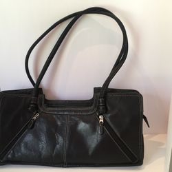 Black Leather Handbag Two   Zippered Pockets Front And Back  Two Attatched Pockets And One Zippered Inside  8” X 16” Chaos 